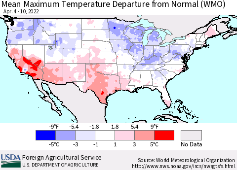 United States Mean Maximum Temperature Departure from Normal (WMO) Thematic Map For 4/4/2022 - 4/10/2022