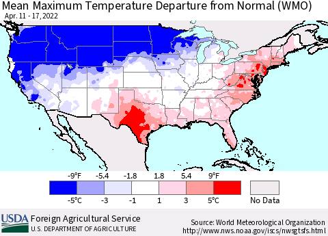 United States Maximum Temperature Departure From Normal (WMO) Thematic Map For 4/11/2022 - 4/17/2022