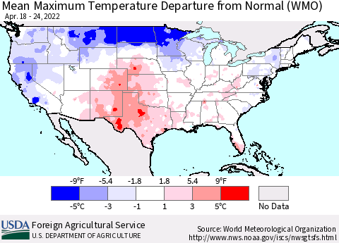 United States Mean Maximum Temperature Departure from Normal (WMO) Thematic Map For 4/18/2022 - 4/24/2022