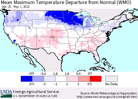 United States Mean Maximum Temperature Departure from Normal (WMO) Thematic Map For 4/25/2022 - 5/1/2022