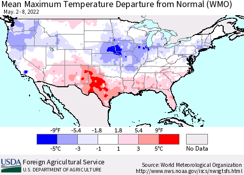 United States Mean Maximum Temperature Departure from Normal (WMO) Thematic Map For 5/2/2022 - 5/8/2022