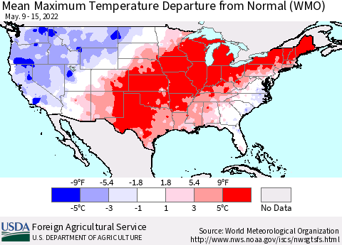United States Mean Maximum Temperature Departure from Normal (WMO) Thematic Map For 5/9/2022 - 5/15/2022