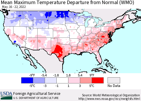 United States Maximum Temperature Departure From Normal (WMO) Thematic Map For 5/16/2022 - 5/22/2022
