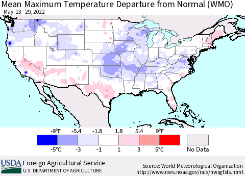 United States Mean Maximum Temperature Departure from Normal (WMO) Thematic Map For 5/23/2022 - 5/29/2022