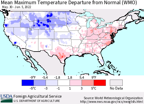 United States Maximum Temperature Departure From Normal (WMO) Thematic Map For 5/30/2022 - 6/5/2022