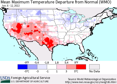 United States Mean Maximum Temperature Departure from Normal (WMO) Thematic Map For 6/6/2022 - 6/12/2022
