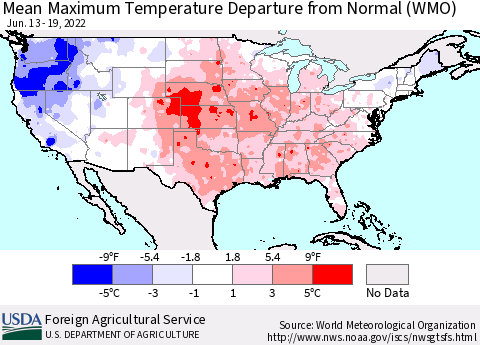 United States Mean Maximum Temperature Departure from Normal (WMO) Thematic Map For 6/13/2022 - 6/19/2022
