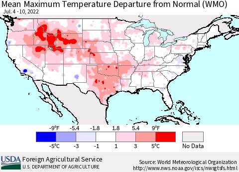 United States Mean Maximum Temperature Departure from Normal (WMO) Thematic Map For 7/4/2022 - 7/10/2022