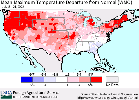 United States Mean Maximum Temperature Departure from Normal (WMO) Thematic Map For 7/18/2022 - 7/24/2022