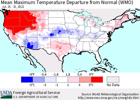 United States Mean Maximum Temperature Departure from Normal (WMO) Thematic Map For 7/25/2022 - 7/31/2022