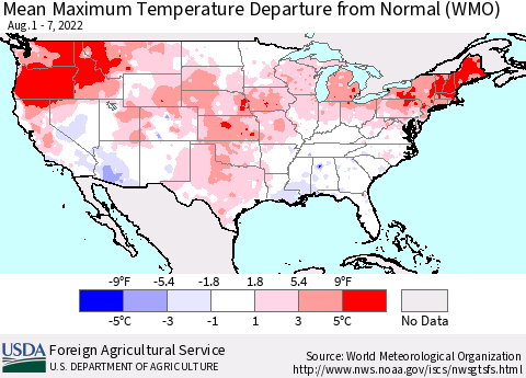 United States Mean Maximum Temperature Departure from Normal (WMO) Thematic Map For 8/1/2022 - 8/7/2022