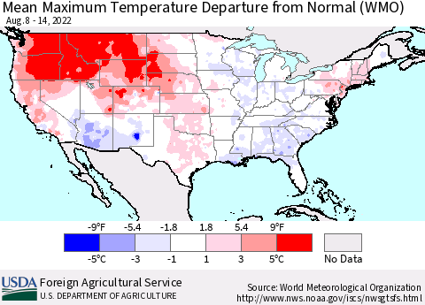 United States Mean Maximum Temperature Departure from Normal (WMO) Thematic Map For 8/8/2022 - 8/14/2022