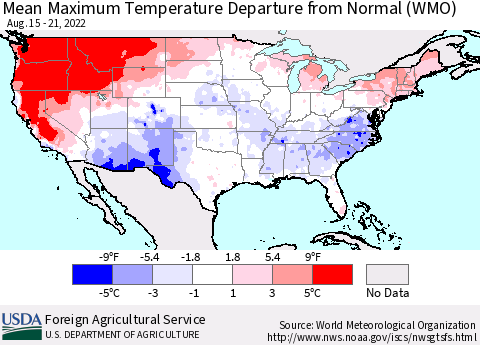 United States Mean Maximum Temperature Departure from Normal (WMO) Thematic Map For 8/15/2022 - 8/21/2022
