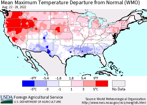United States Mean Maximum Temperature Departure from Normal (WMO) Thematic Map For 8/22/2022 - 8/28/2022