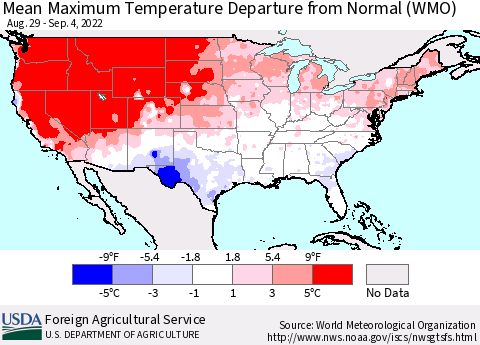 United States Mean Maximum Temperature Departure from Normal (WMO) Thematic Map For 8/29/2022 - 9/4/2022