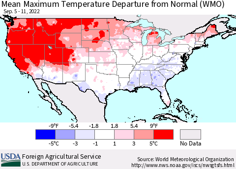 United States Mean Maximum Temperature Departure from Normal (WMO) Thematic Map For 9/5/2022 - 9/11/2022