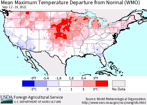 United States Mean Maximum Temperature Departure from Normal (WMO) Thematic Map For 9/12/2022 - 9/18/2022