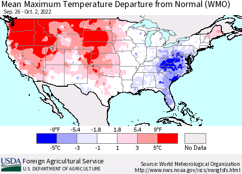 United States Mean Maximum Temperature Departure from Normal (WMO) Thematic Map For 9/26/2022 - 10/2/2022