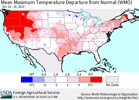 United States Mean Maximum Temperature Departure from Normal (WMO) Thematic Map For 10/10/2022 - 10/16/2022