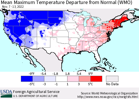 United States Mean Maximum Temperature Departure from Normal (WMO) Thematic Map For 11/7/2022 - 11/13/2022
