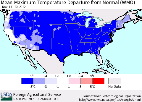United States Mean Maximum Temperature Departure from Normal (WMO) Thematic Map For 11/14/2022 - 11/20/2022