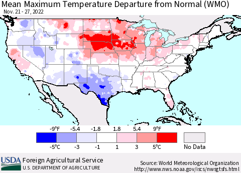 United States Mean Maximum Temperature Departure from Normal (WMO) Thematic Map For 11/21/2022 - 11/27/2022