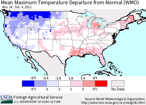 United States Mean Maximum Temperature Departure from Normal (WMO) Thematic Map For 11/28/2022 - 12/4/2022