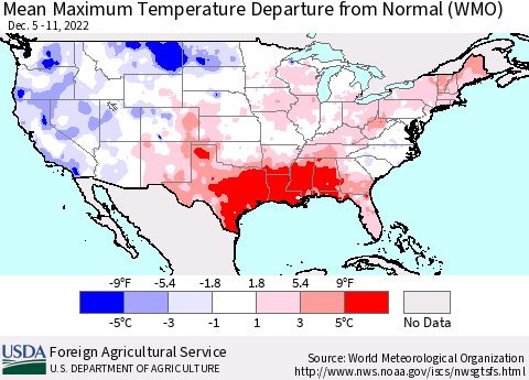 United States Mean Maximum Temperature Departure from Normal (WMO) Thematic Map For 12/5/2022 - 12/11/2022