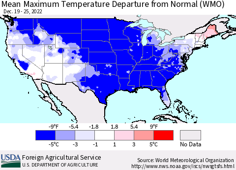 United States Mean Maximum Temperature Departure from Normal (WMO) Thematic Map For 12/19/2022 - 12/25/2022