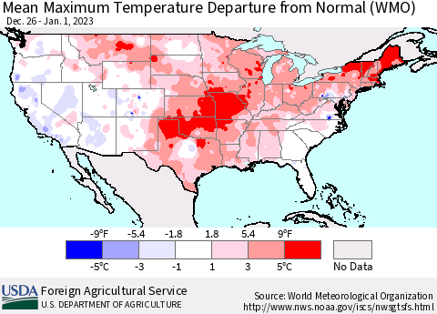 United States Mean Maximum Temperature Departure from Normal (WMO) Thematic Map For 12/26/2022 - 1/1/2023