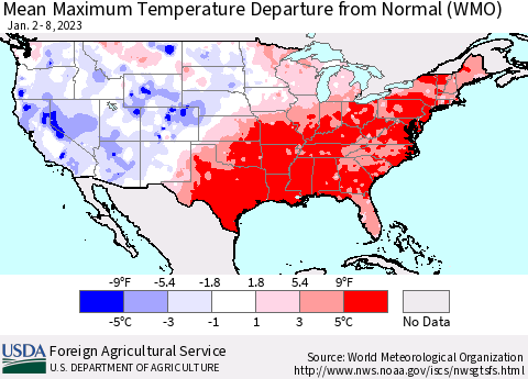 United States Mean Maximum Temperature Departure from Normal (WMO) Thematic Map For 1/2/2023 - 1/8/2023