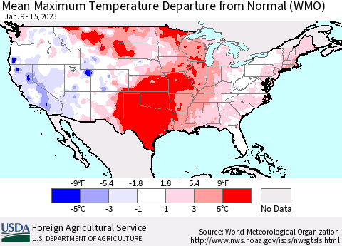 United States Mean Maximum Temperature Departure from Normal (WMO) Thematic Map For 1/9/2023 - 1/15/2023