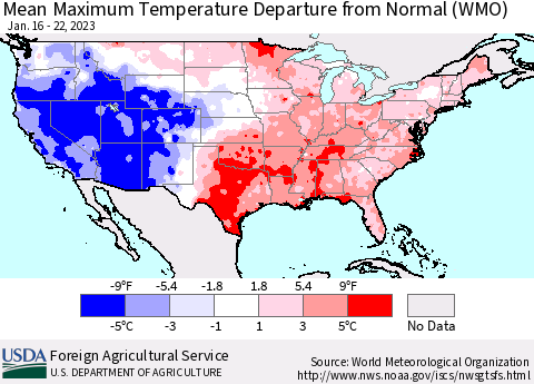 United States Mean Maximum Temperature Departure from Normal (WMO) Thematic Map For 1/16/2023 - 1/22/2023