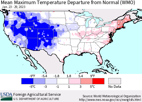 United States Mean Maximum Temperature Departure from Normal (WMO) Thematic Map For 1/23/2023 - 1/29/2023