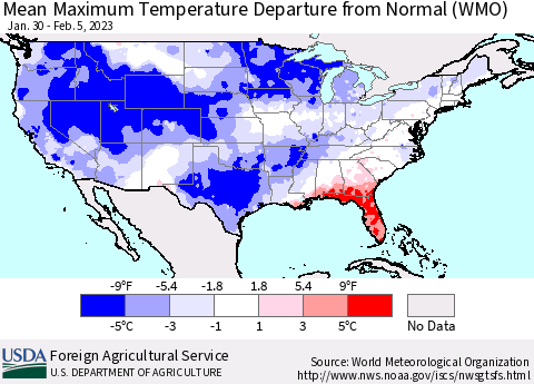 United States Mean Maximum Temperature Departure from Normal (WMO) Thematic Map For 1/30/2023 - 2/5/2023