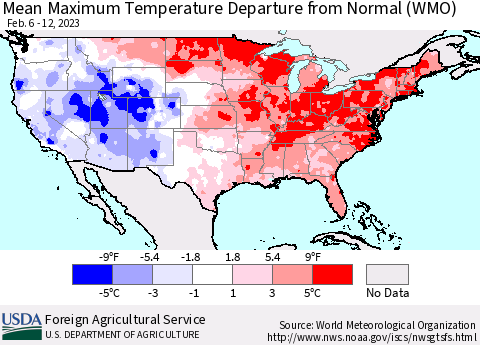 United States Mean Maximum Temperature Departure from Normal (WMO) Thematic Map For 2/6/2023 - 2/12/2023