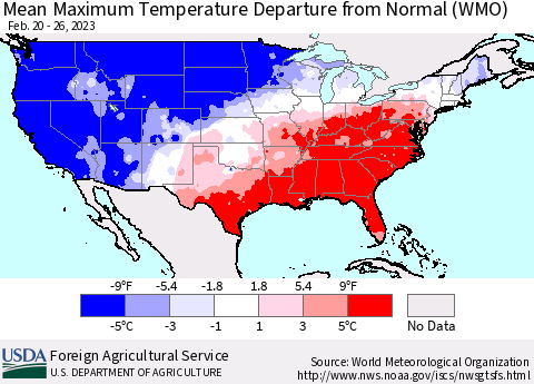 United States Mean Maximum Temperature Departure from Normal (WMO) Thematic Map For 2/20/2023 - 2/26/2023