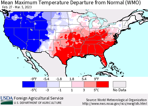 United States Mean Maximum Temperature Departure from Normal (WMO) Thematic Map For 2/27/2023 - 3/5/2023