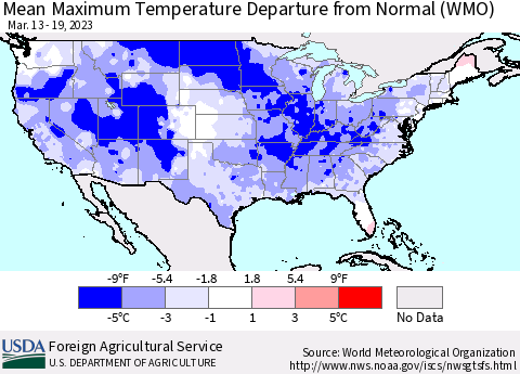 United States Mean Maximum Temperature Departure from Normal (WMO) Thematic Map For 3/13/2023 - 3/19/2023