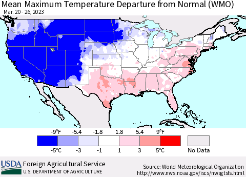 United States Mean Maximum Temperature Departure from Normal (WMO) Thematic Map For 3/20/2023 - 3/26/2023