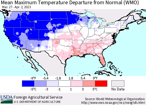 United States Mean Maximum Temperature Departure from Normal (WMO) Thematic Map For 3/27/2023 - 4/2/2023