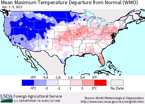 United States Mean Maximum Temperature Departure from Normal (WMO) Thematic Map For 4/3/2023 - 4/9/2023