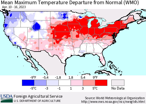 United States Mean Maximum Temperature Departure from Normal (WMO) Thematic Map For 4/10/2023 - 4/16/2023