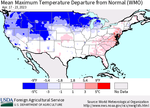 United States Mean Maximum Temperature Departure from Normal (WMO) Thematic Map For 4/17/2023 - 4/23/2023