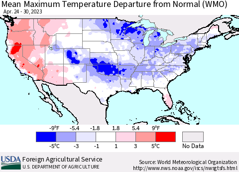 United States Mean Maximum Temperature Departure from Normal (WMO) Thematic Map For 4/24/2023 - 4/30/2023