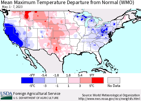 United States Mean Maximum Temperature Departure from Normal (WMO) Thematic Map For 5/1/2023 - 5/7/2023