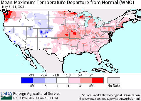 United States Mean Maximum Temperature Departure from Normal (WMO) Thematic Map For 5/8/2023 - 5/14/2023