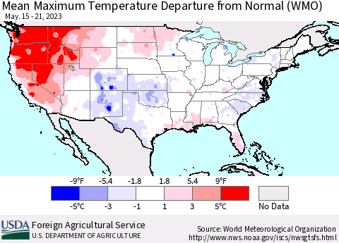 United States Mean Maximum Temperature Departure from Normal (WMO) Thematic Map For 5/15/2023 - 5/21/2023