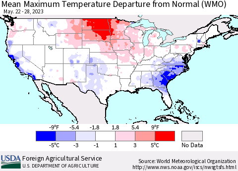 United States Mean Maximum Temperature Departure from Normal (WMO) Thematic Map For 5/22/2023 - 5/28/2023