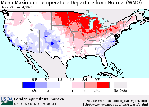 United States Mean Maximum Temperature Departure from Normal (WMO) Thematic Map For 5/29/2023 - 6/4/2023